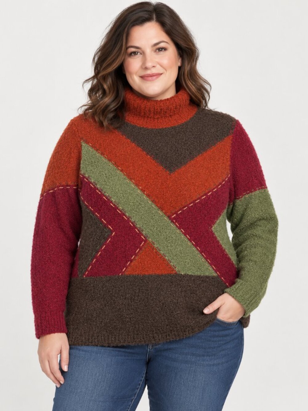 Coldwater Creek Chenille Patchwork Turtleneck Sweater L